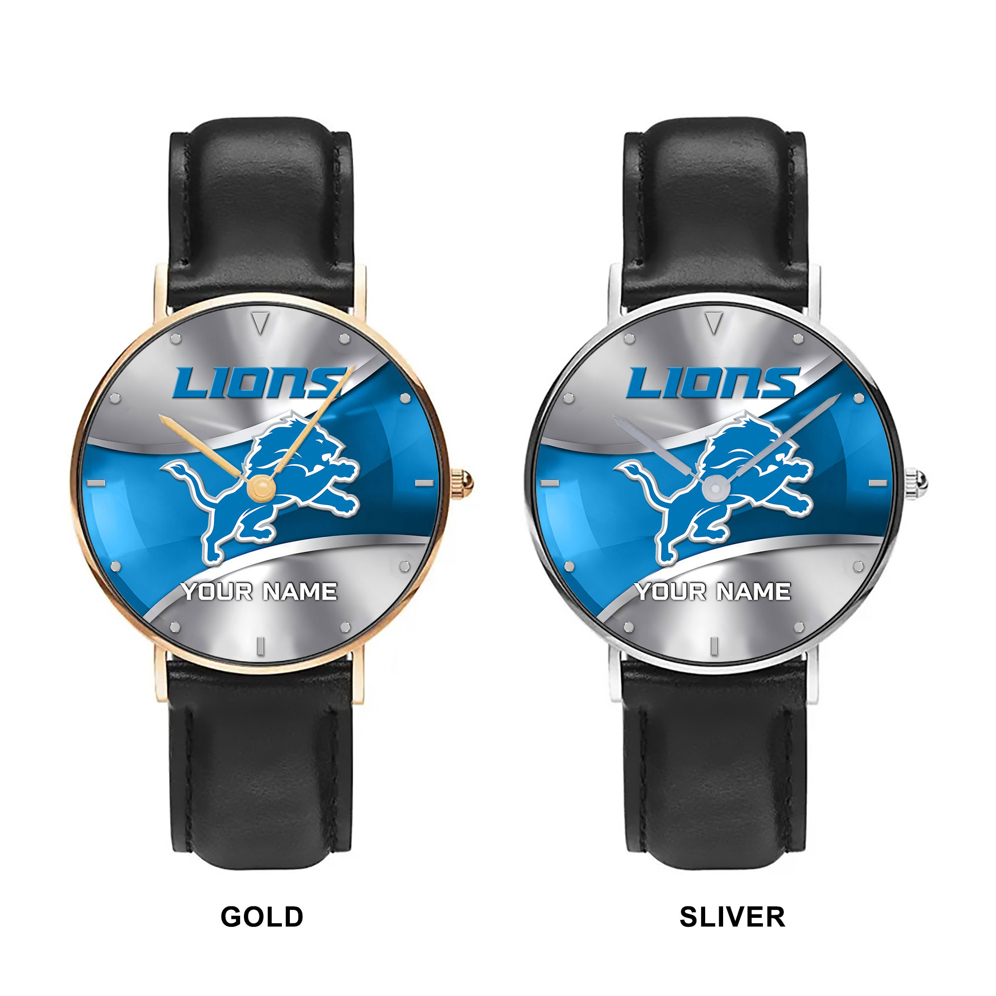 NFL Detroit Lions - Football Black Stitched Leather Watch - Custom Name