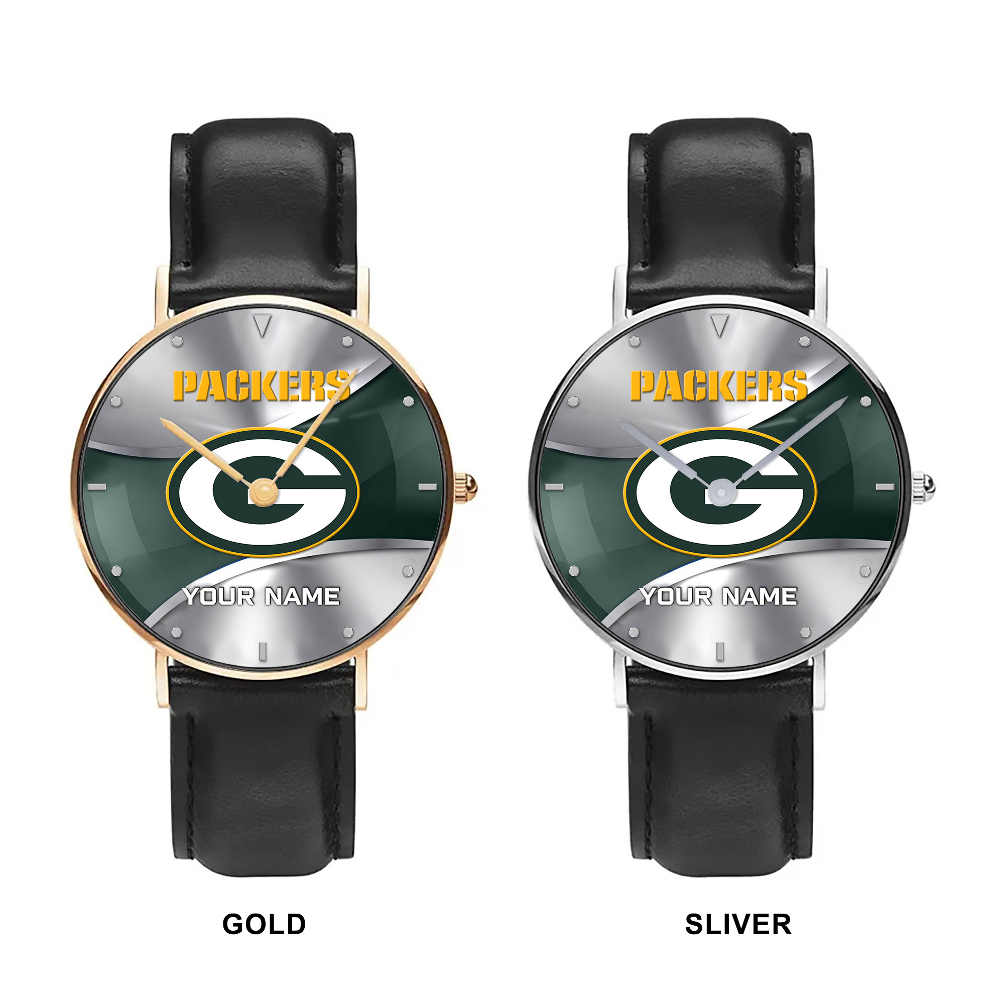 NFL Green Bay Packers - Football Black Stitched Leather Watch - Custom Name