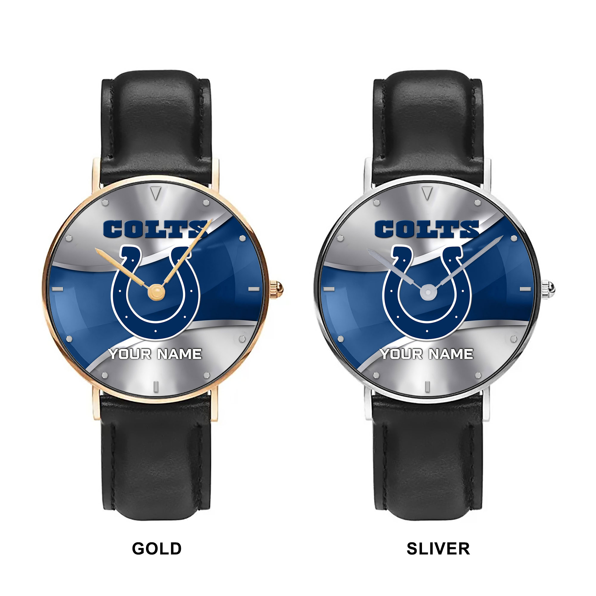 NFL Indianapolis Colts - Football Black Stitched Leather Watch - Custom Name