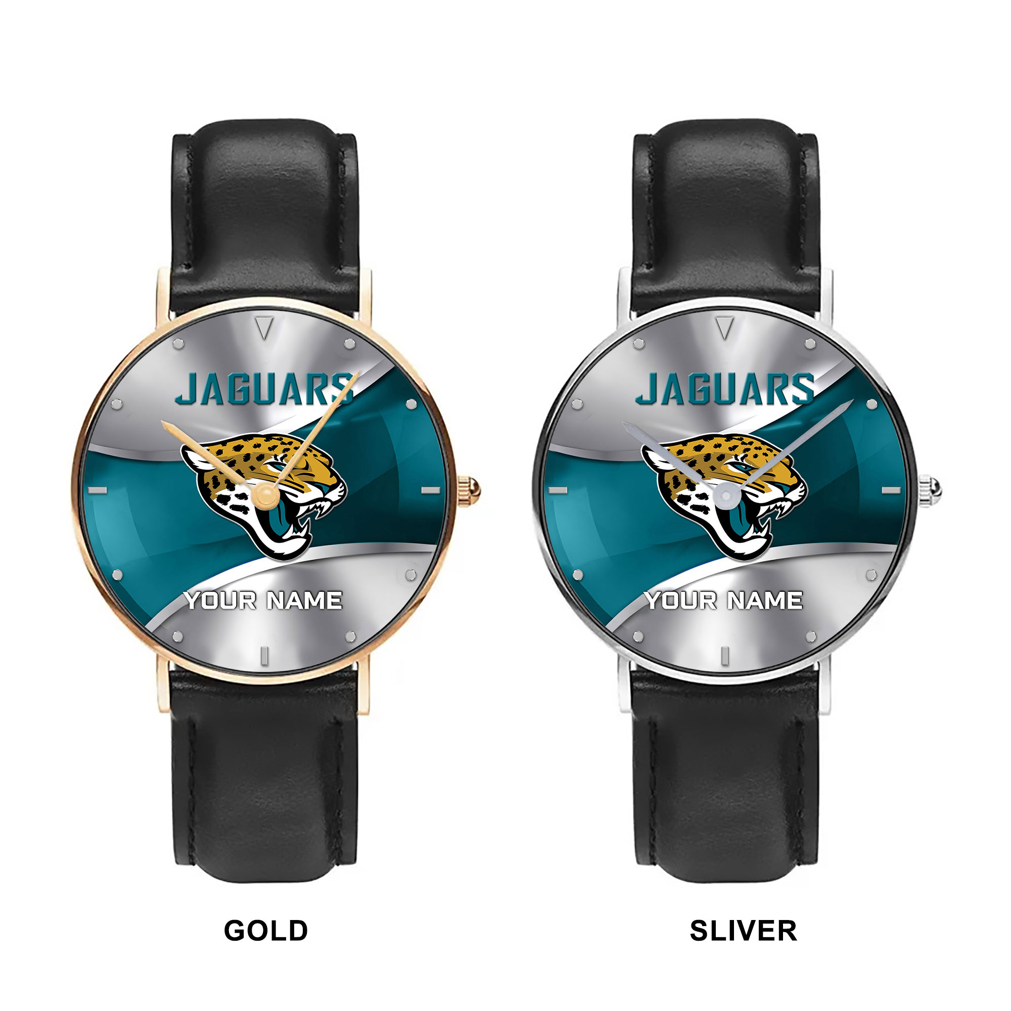 NFL Jacksonville Jaguars - Football Black Stitched Leather Watch - Custom Name