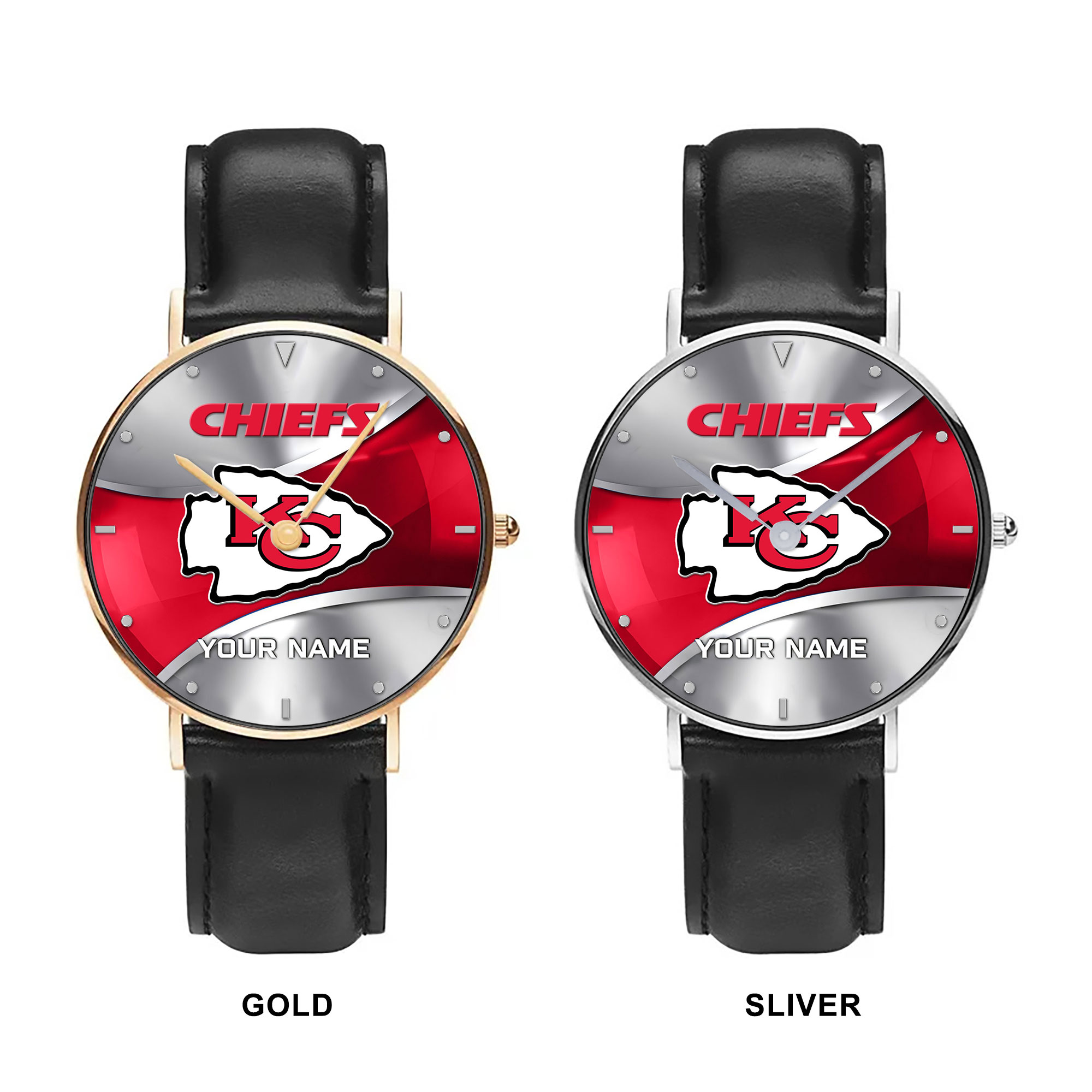 NFL Kansas City Chiefs - Football Black Stitched Leather Watch - Custom Name