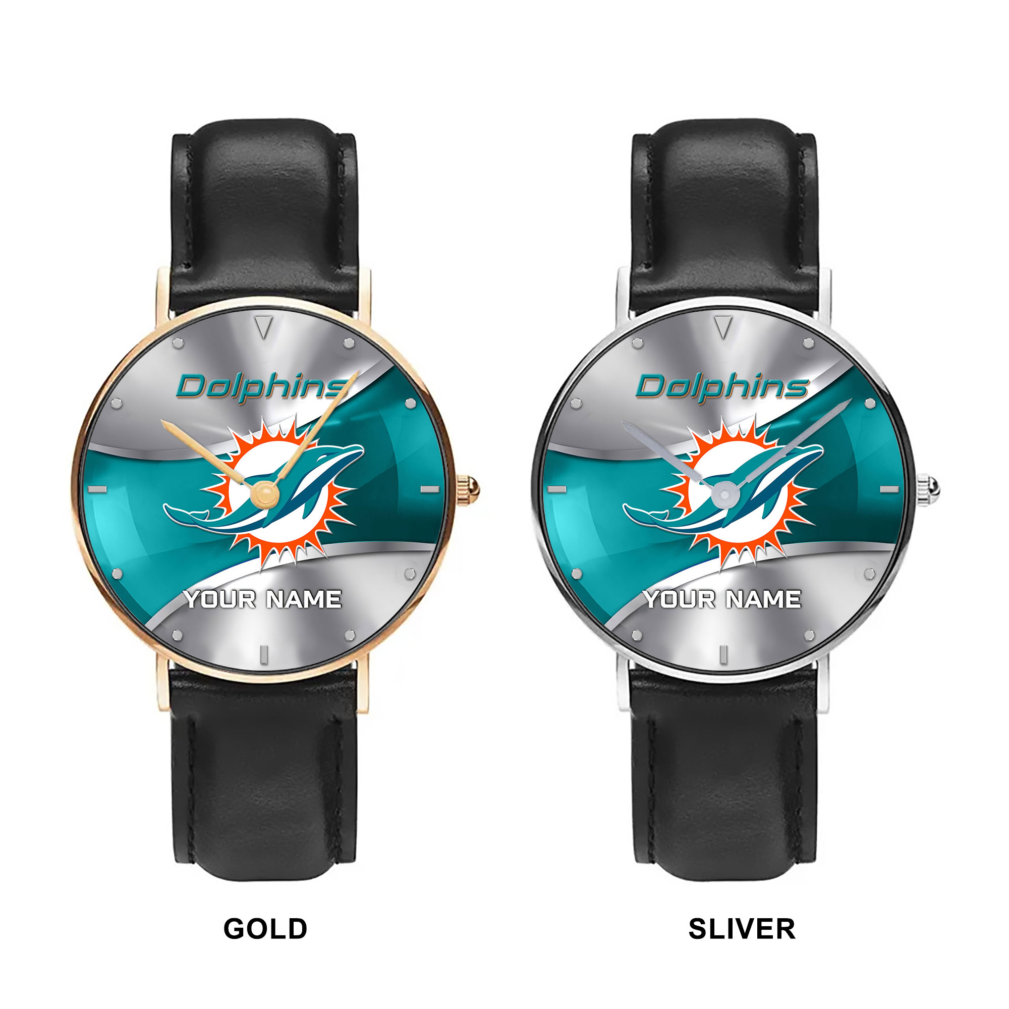 NFL Miami Dolphins - Football Black Stitched Leather Watch - Custom Name