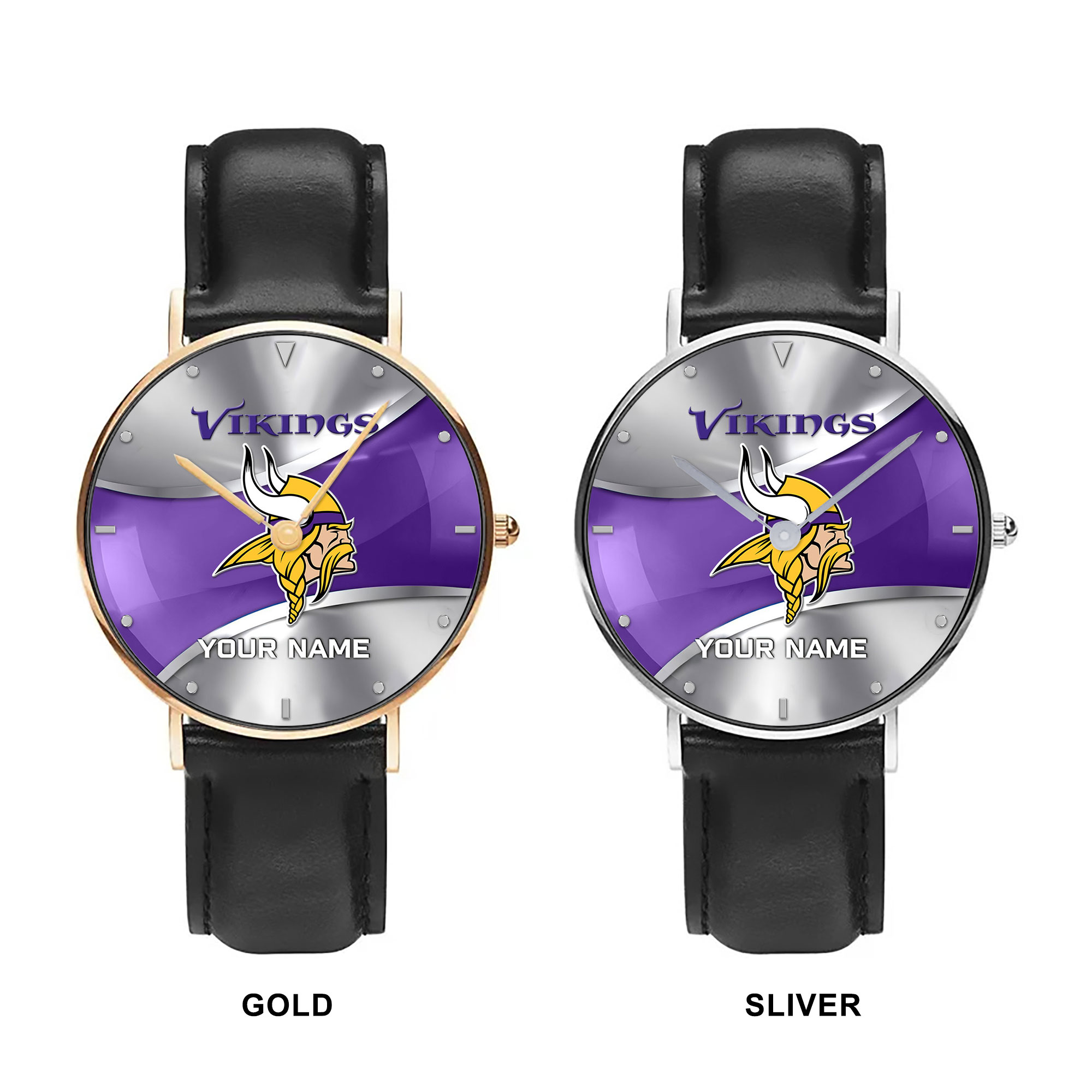 NFL Minnesota Vikings - Football Black Stitched Leather Watch - Custom Name