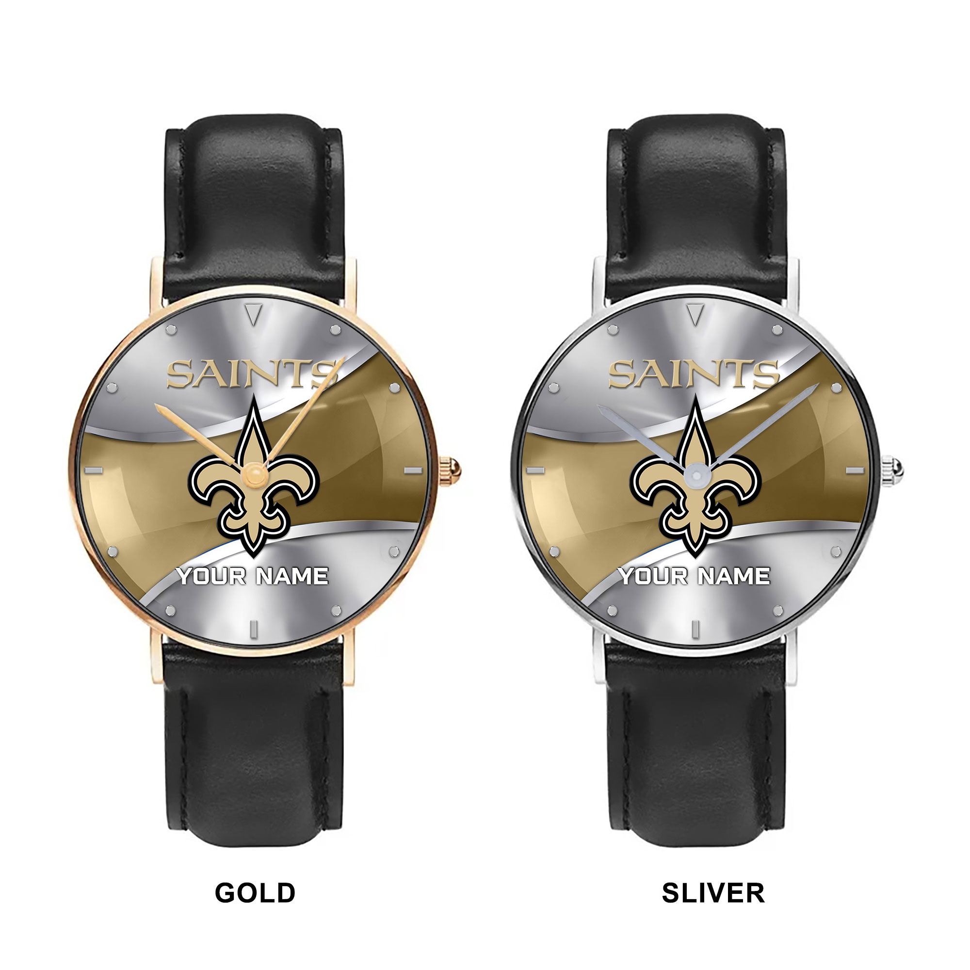 NFL New Orleans Saints - Football Black Stitched Leather Watch - Custom Name