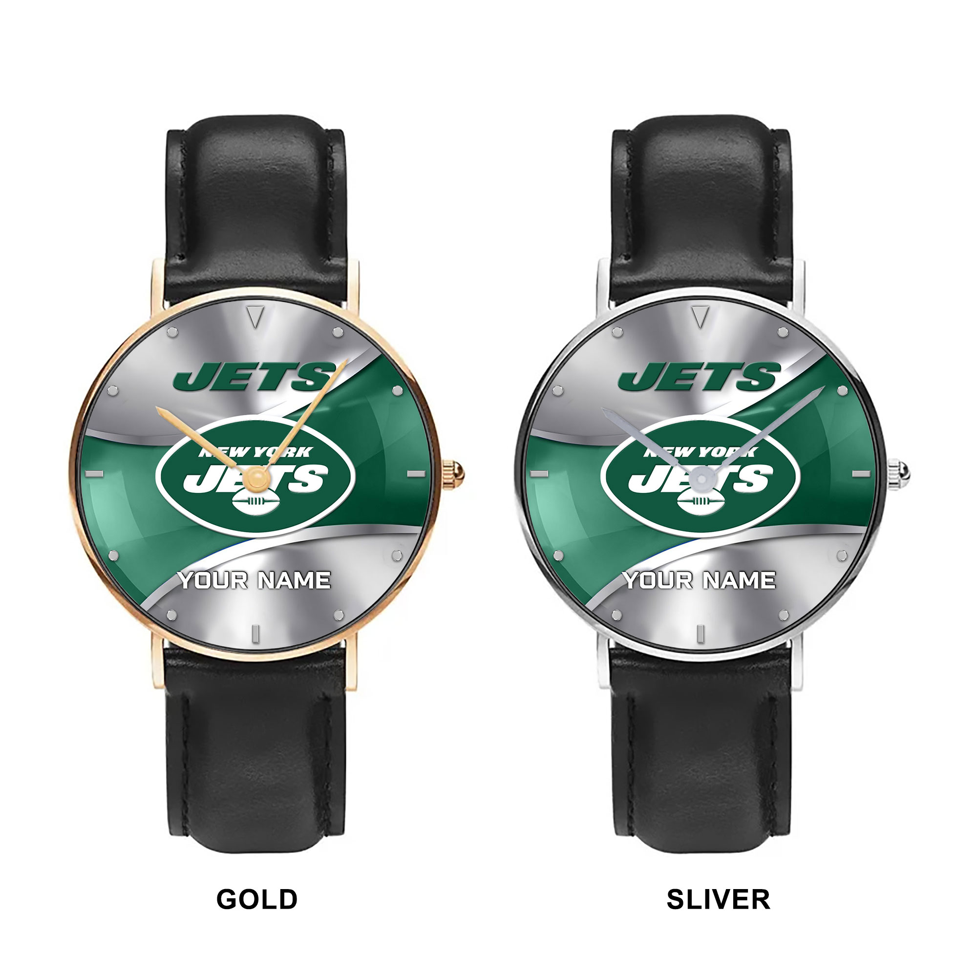 NFL New York Jets - Football Black Stitched Leather Watch - Custom Name