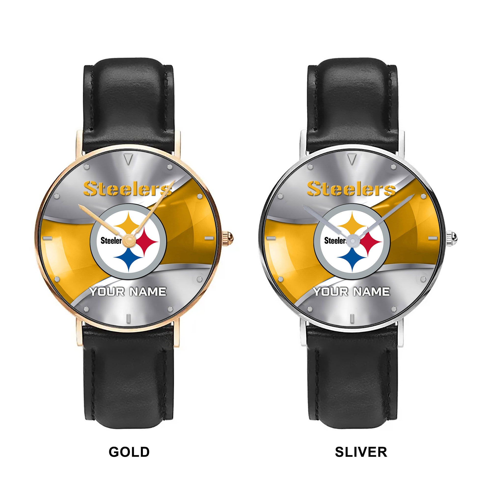 NFL Pittsburgh Steelers - Football Black Stitched Leather Watch - Custom Name