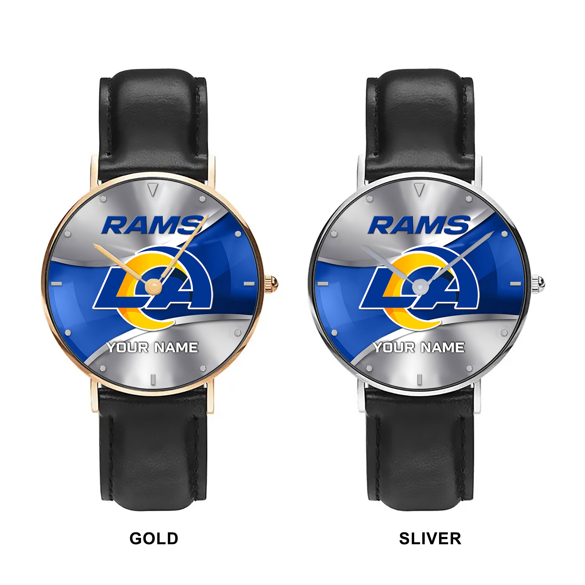 NFL Los Angeles Rams - Football Black Stitched Leather Watch - Custom Name