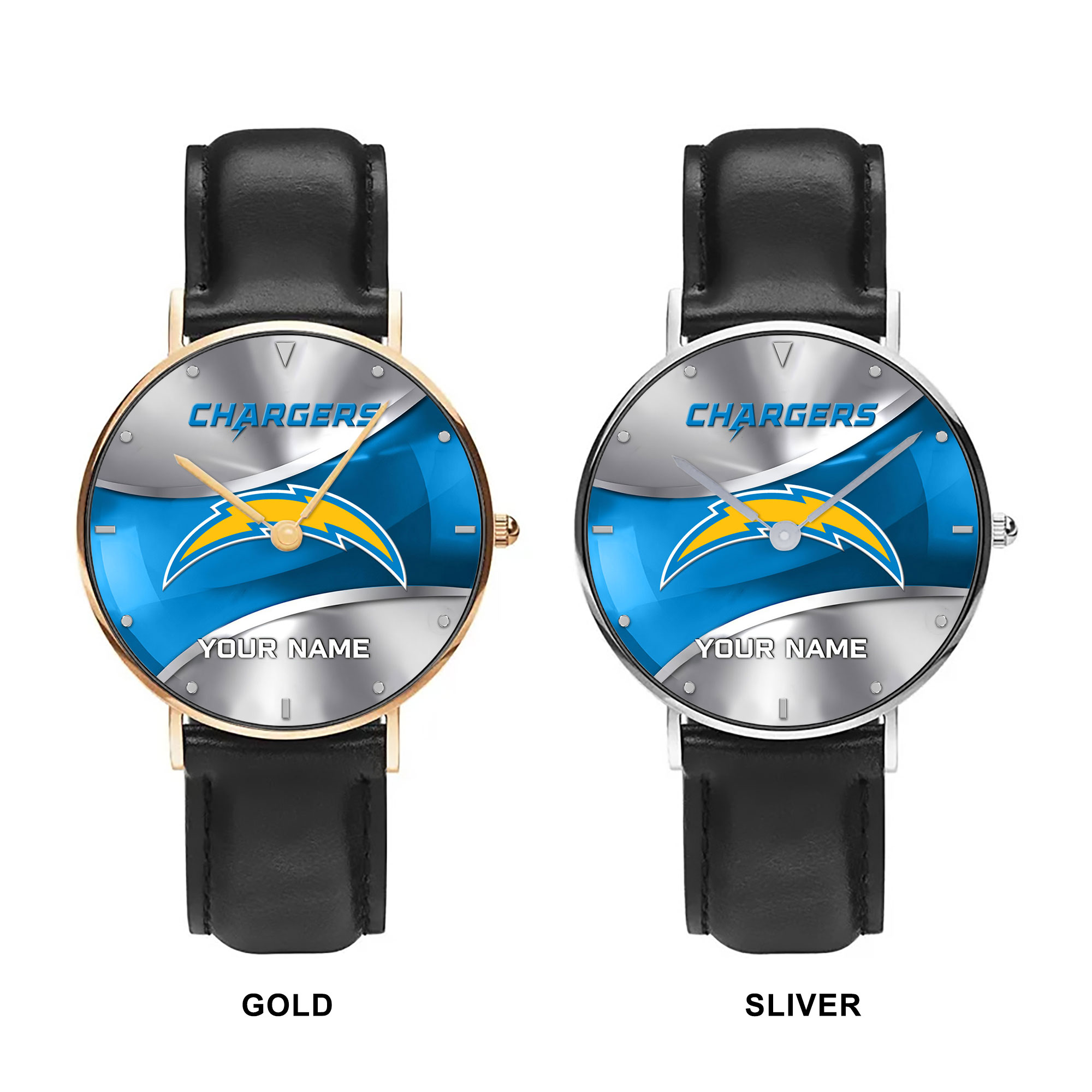 NFL Los Angeles Chargers - Football Black Stitched Leather Watch - Custom Name