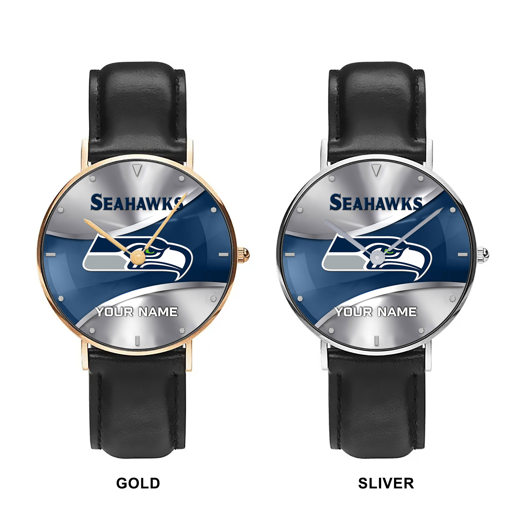 NFL Seattle Seahawks - Football Black Stitched Leather Watch - Custom Name