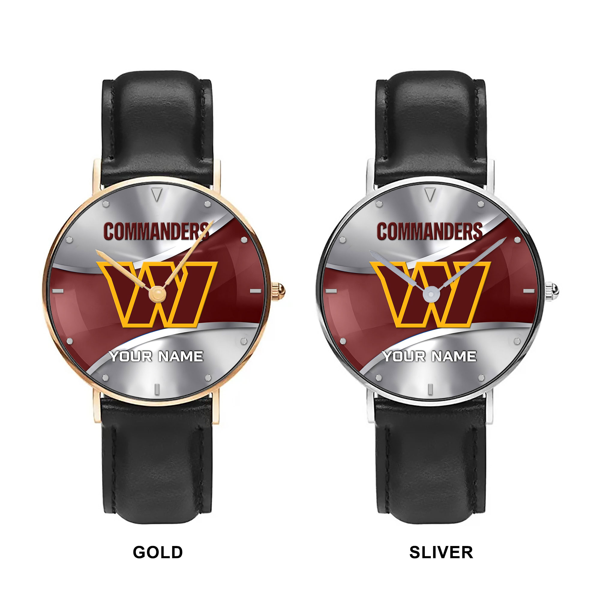 NFL Washington Commanders - Football Black Stitched Leather Watch - Custom Name