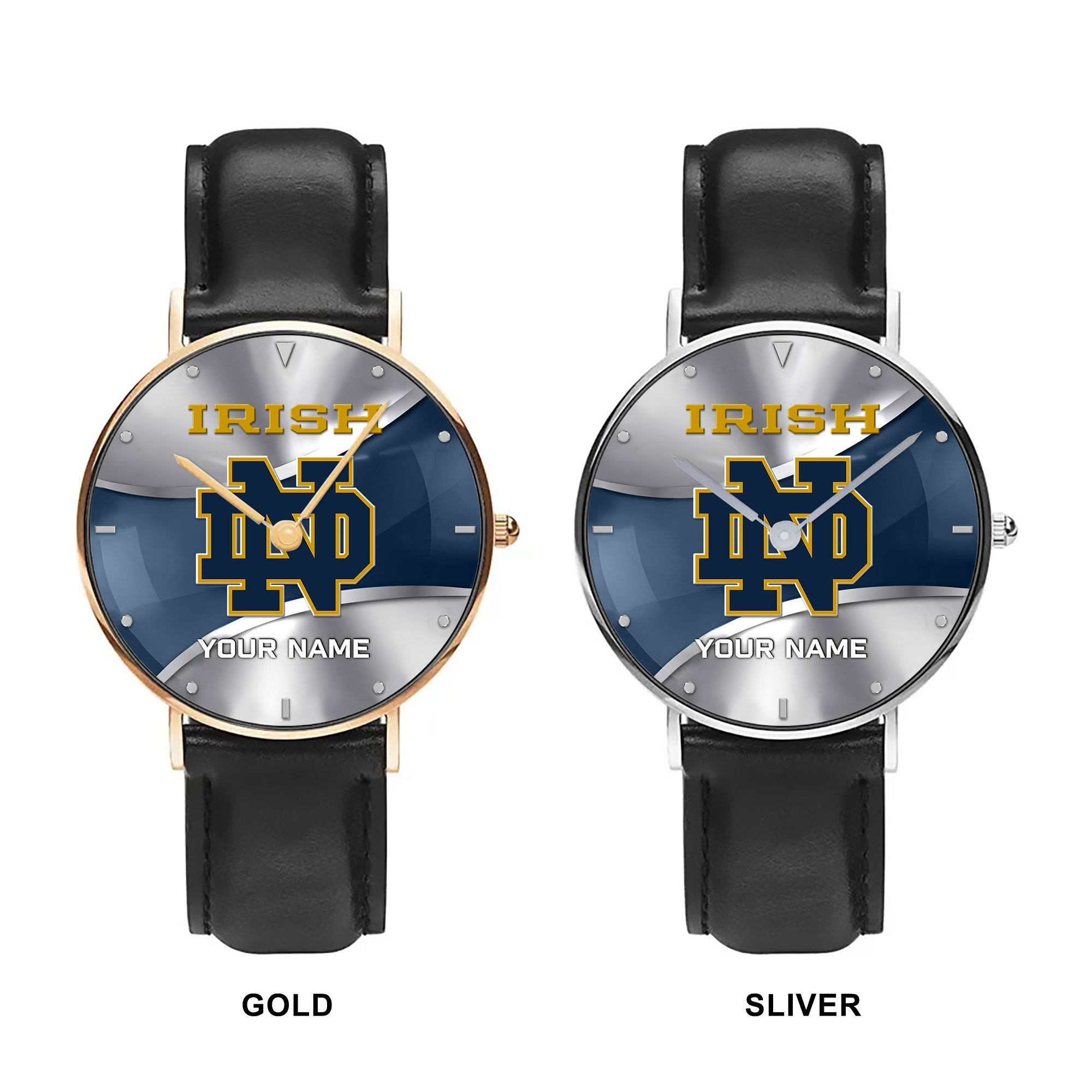 ZNCAA Notre Dame Fighting Irish - Football Black Stitched Leather Watch - Custom Name