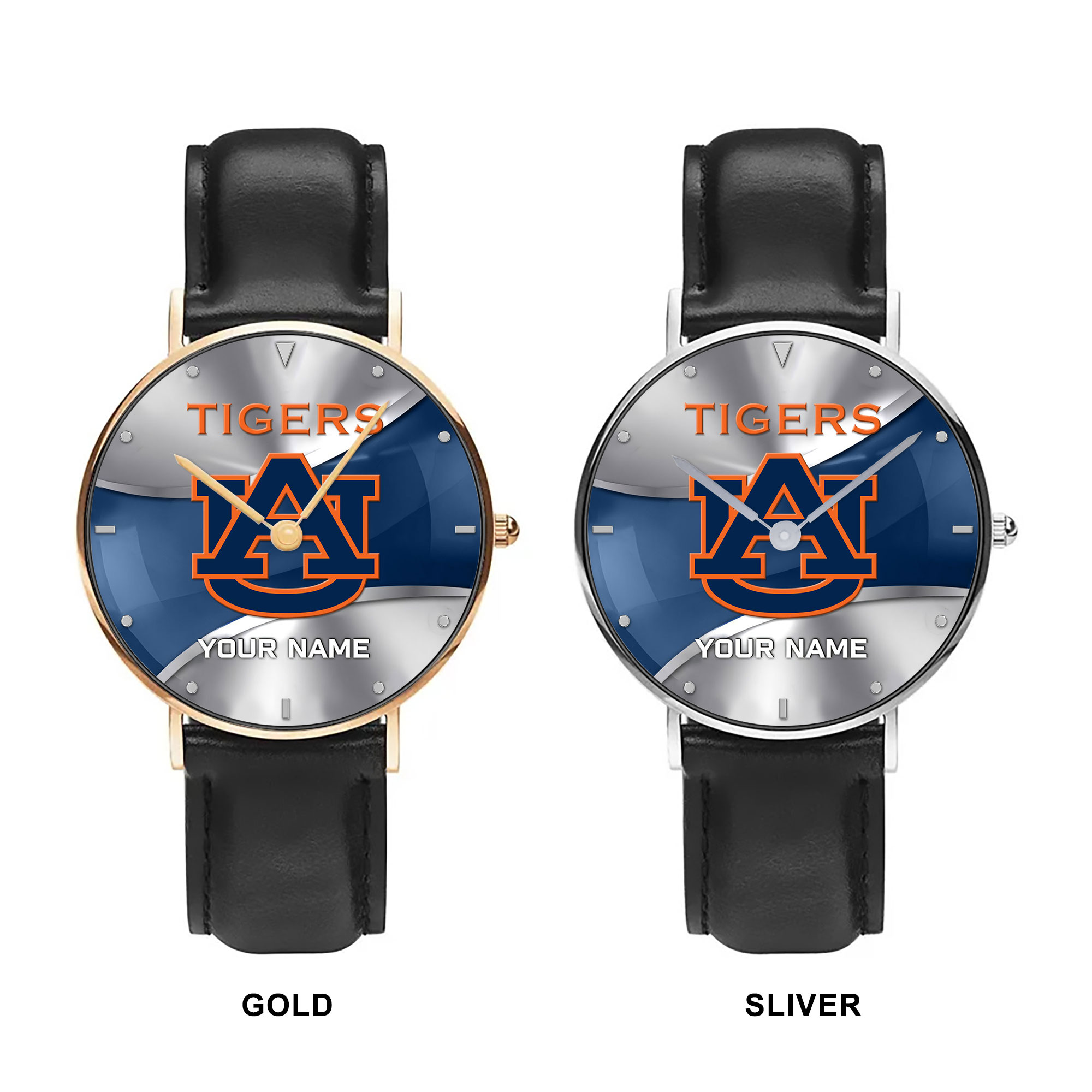 ZNCAA Auburn Tigers - Football Black Stitched Leather Watch - Custom Name