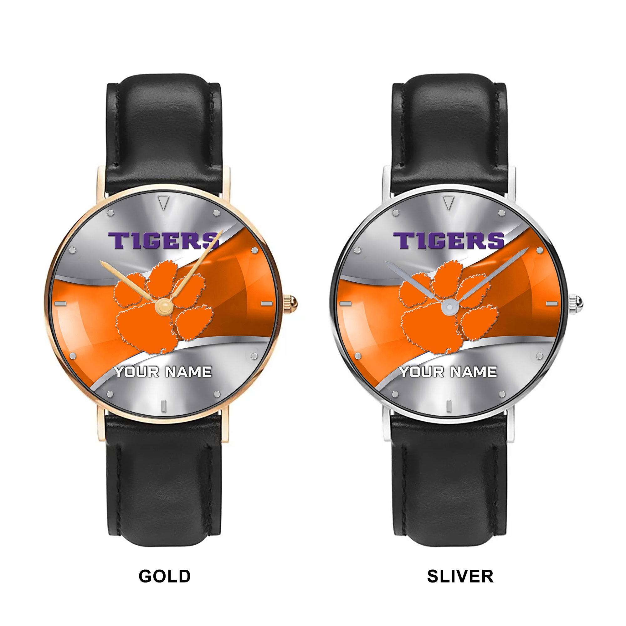 ZNCAA Clemson Tigers - Football Black Stitched Leather Watch - Custom Name