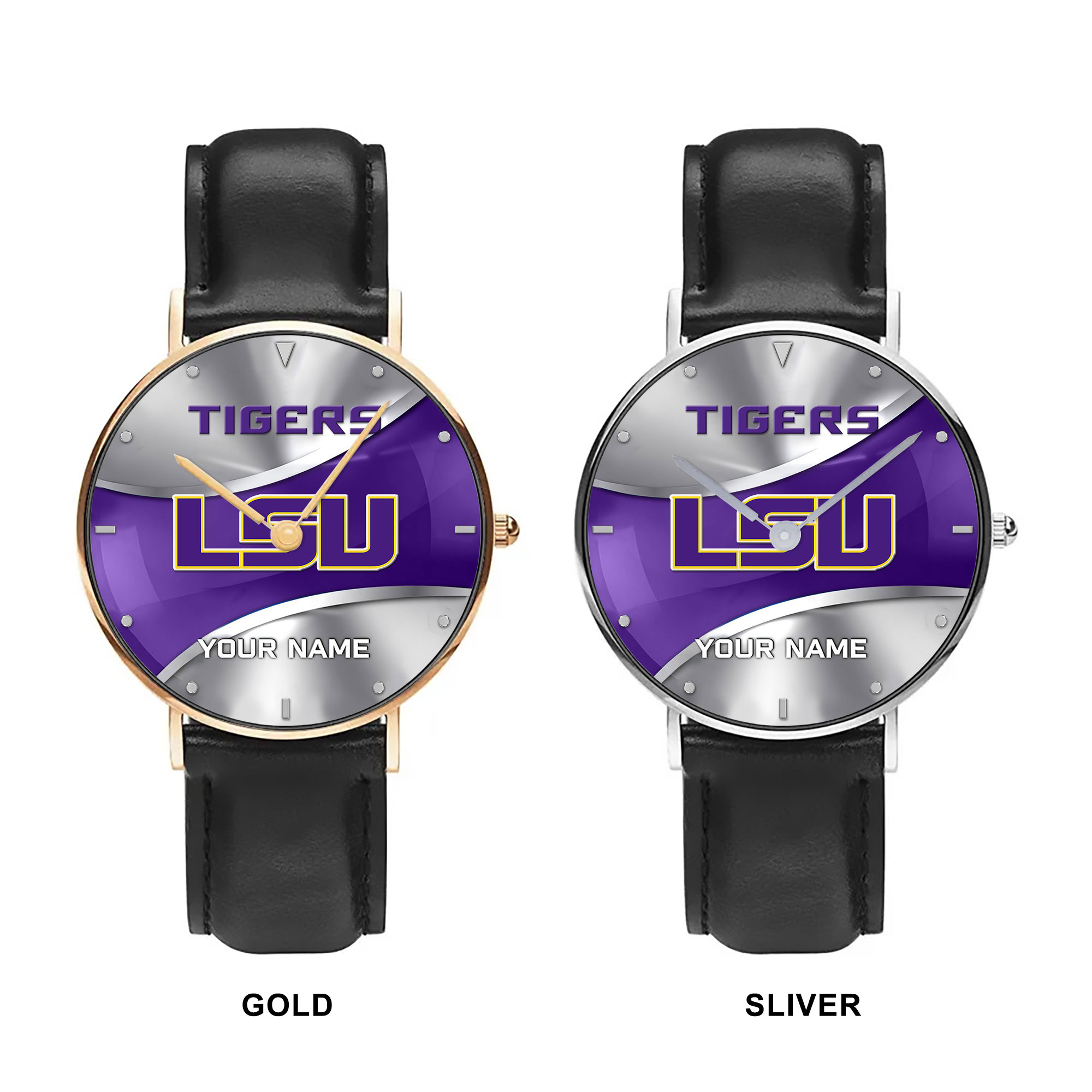 ZNCAA LSU Tigers - Football Black Stitched Leather Watch - Custom Name