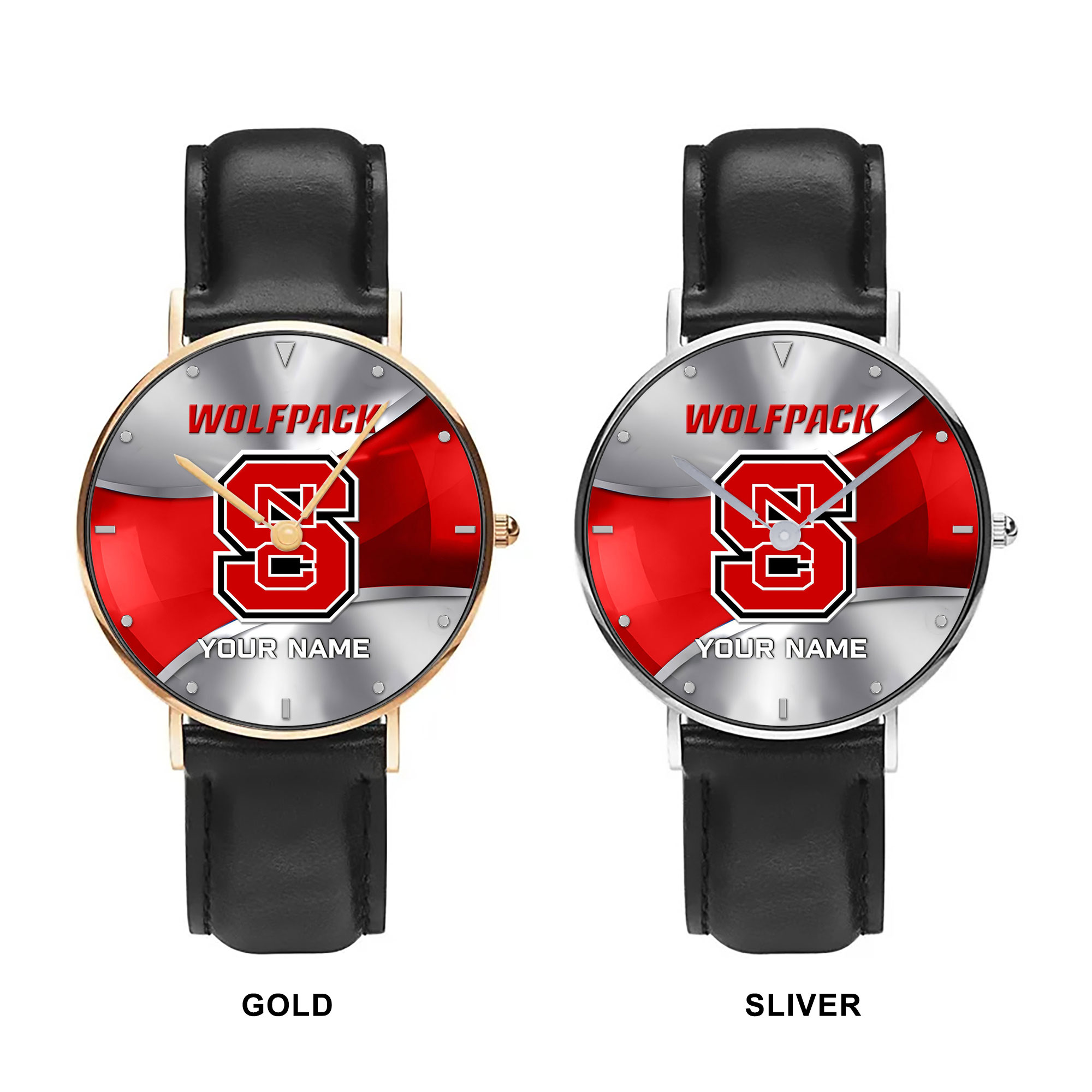 ZNCAA NC State Wolfpack - Football Black Stitched Leather Watch - Custom Name