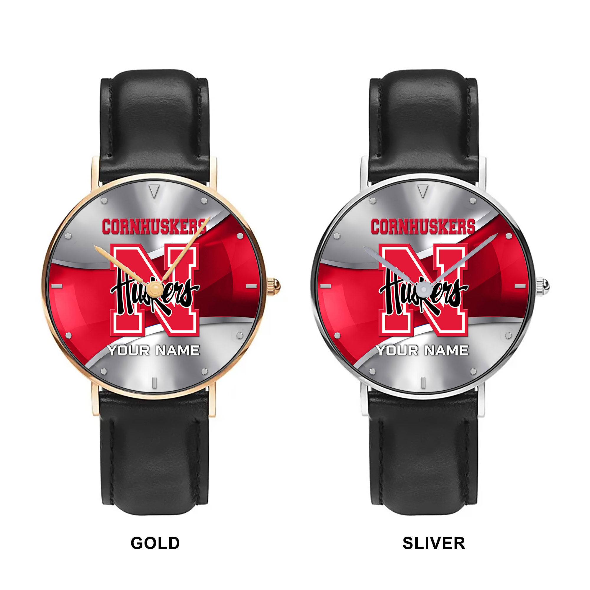 ZNCAA Nebraska Cornhuskers - Football Black Stitched Leather Watch - Custom Name