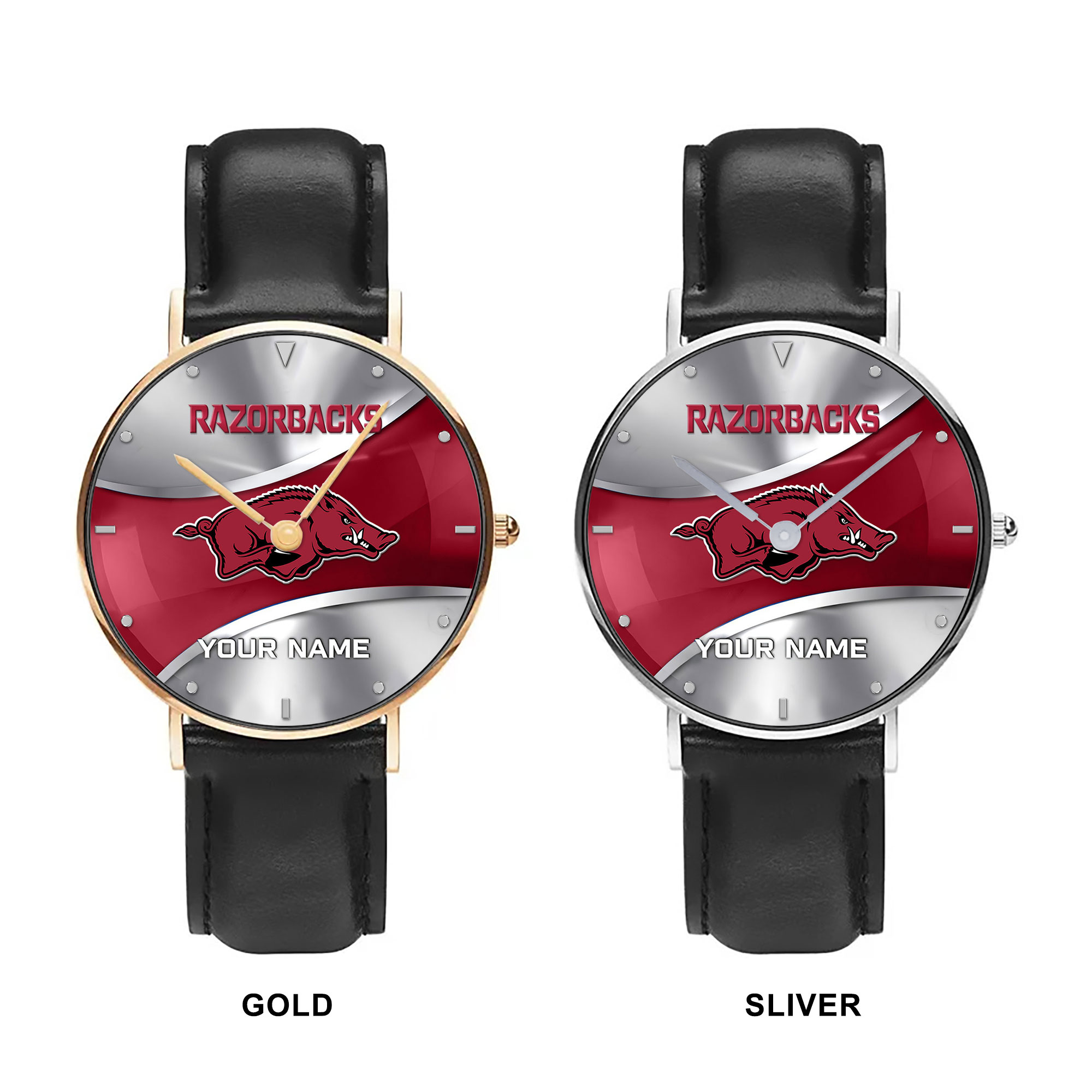 ZNCAA Arkansas Razorbacks - Football Black Stitched Leather Watch - Custom Name
