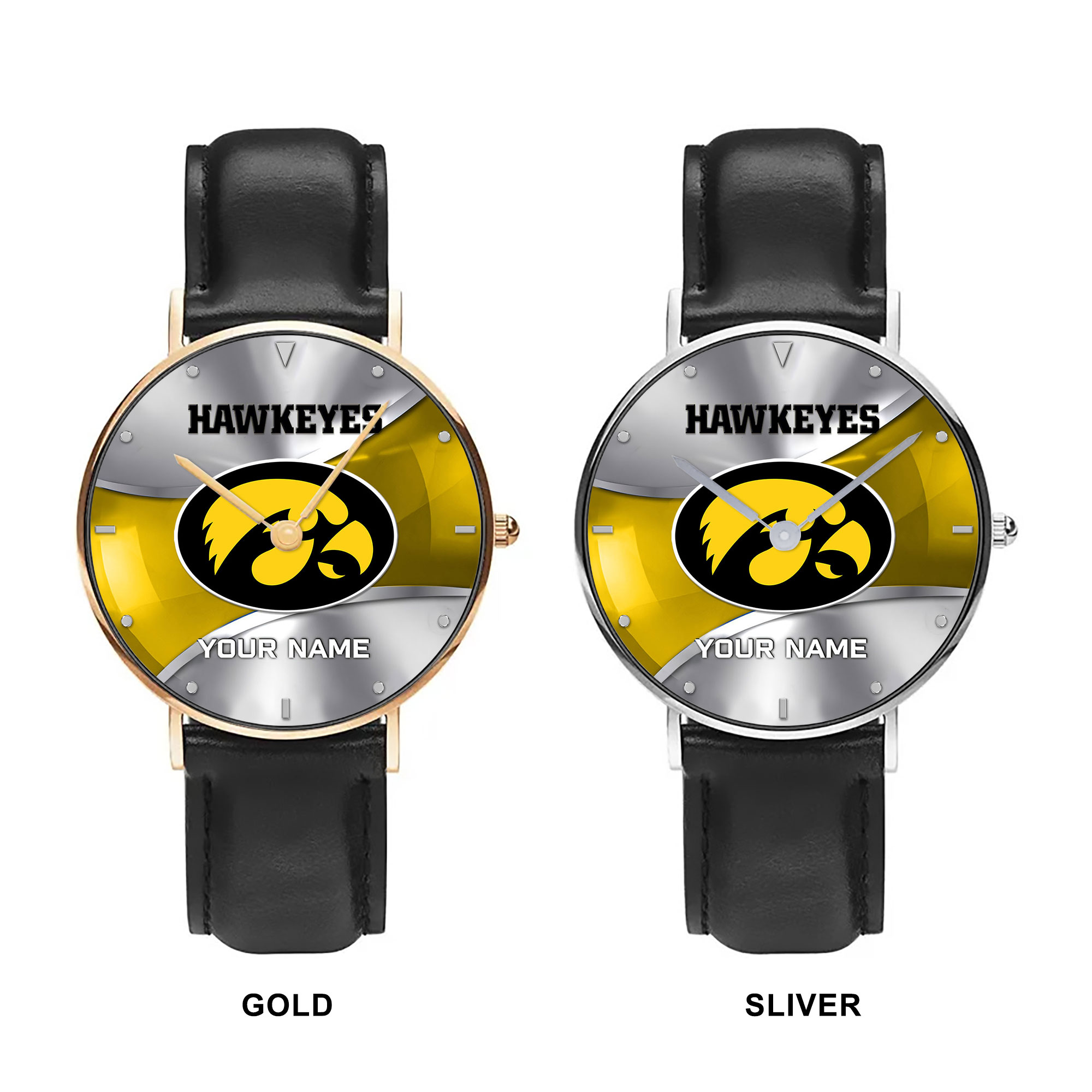 ZNCAA Iowa Hawkeyes - Football Black Stitched Leather Watch - Custom Name