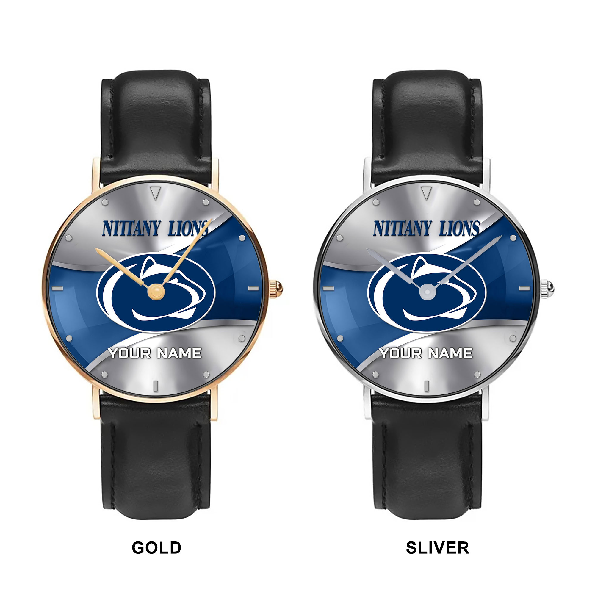 ZNCAA Penn State Nittany Lions - Football Black Stitched Leather Watch - Custom Name