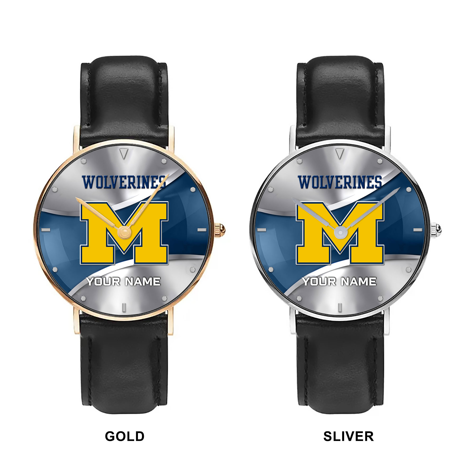 ZNCAA Michigan Wolverines - Football Black Stitched Leather Watch - Custom Name