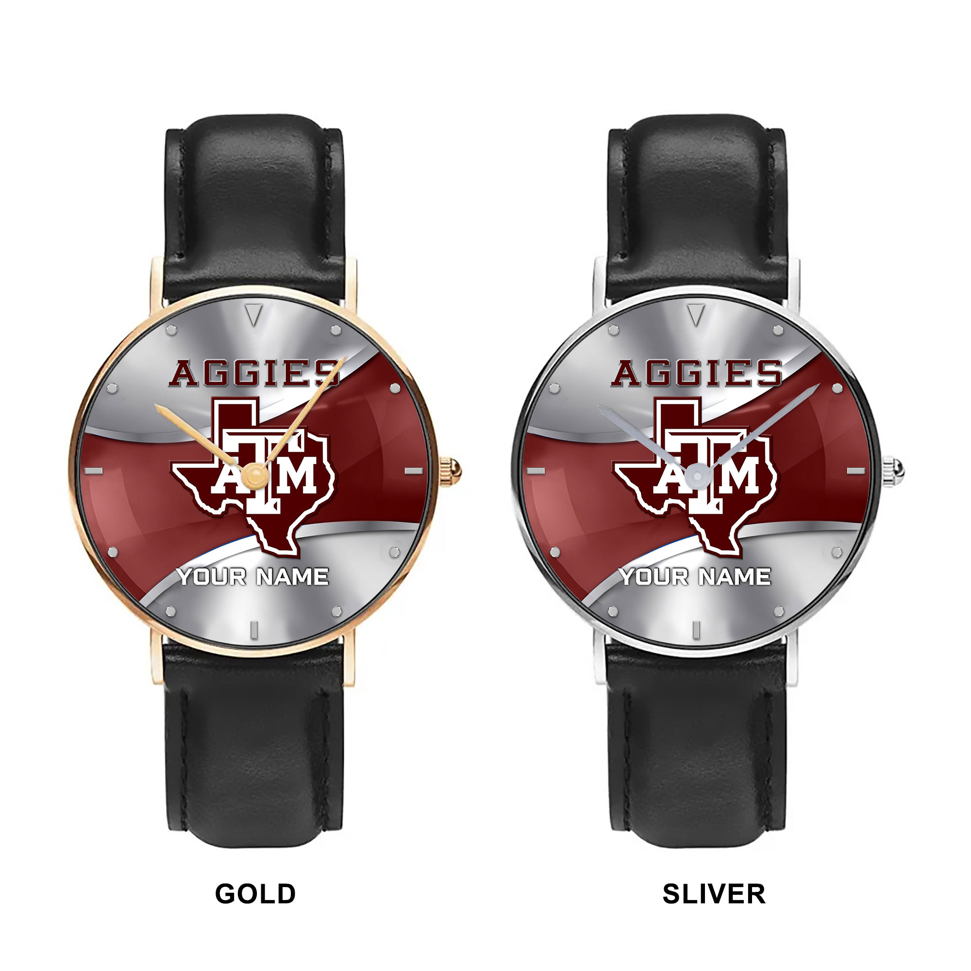 ZNCAA Texas A&M Aggies - Football Black Stitched Leather Watch - Custom Name