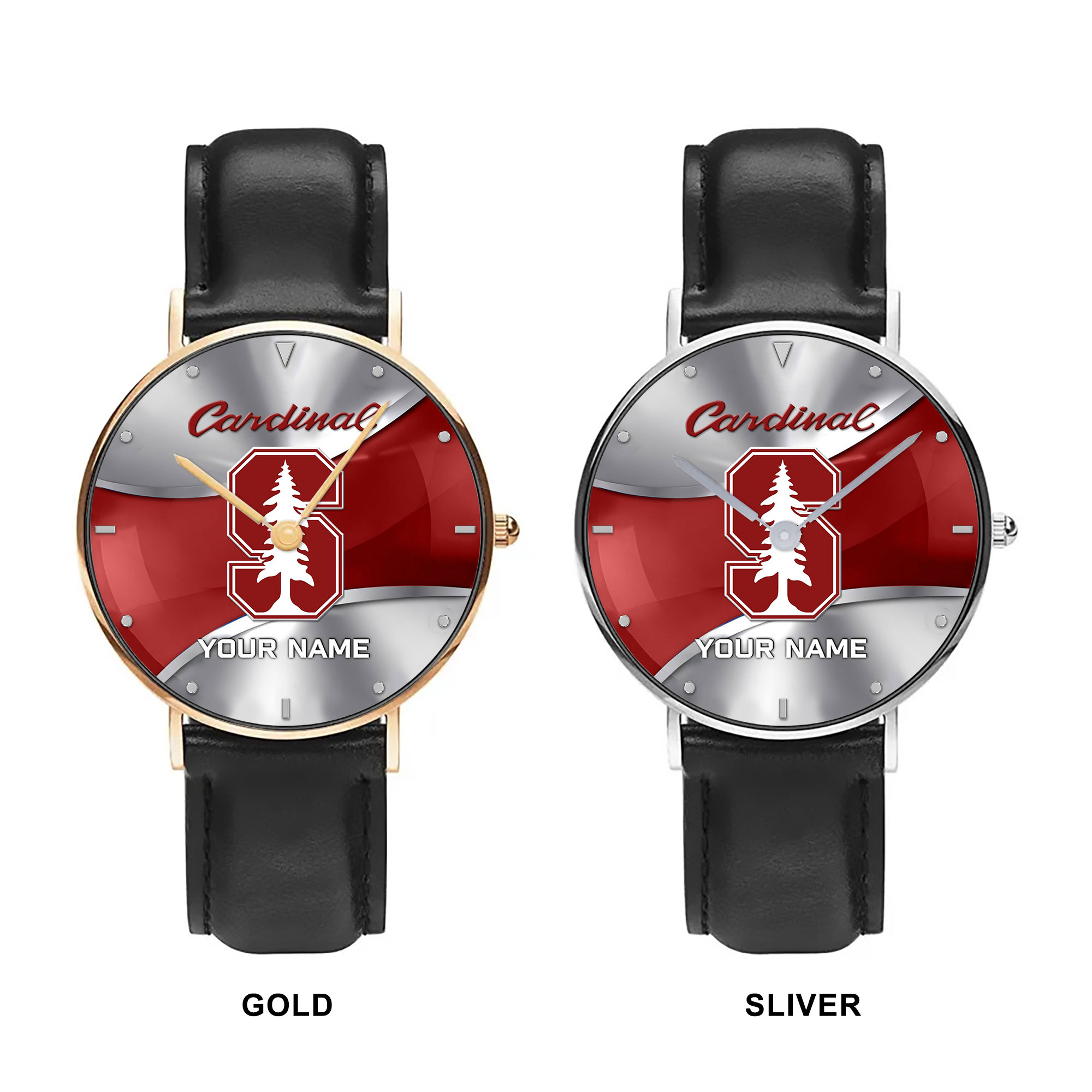 ZNCAA Stanford Cardinal - Football Black Stitched Leather Watch - Custom Name