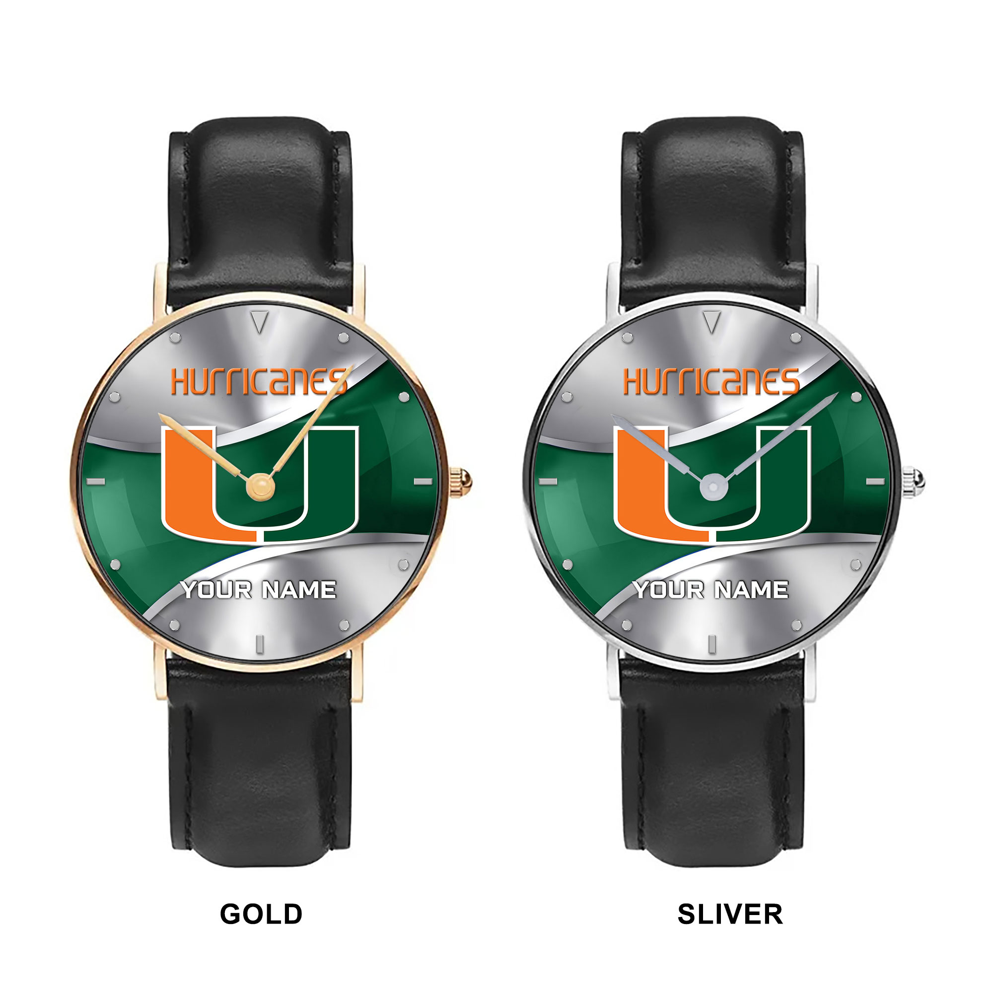 ZNCAA Miami Hurricanes - Football Black Stitched Leather Watch - Custom Name