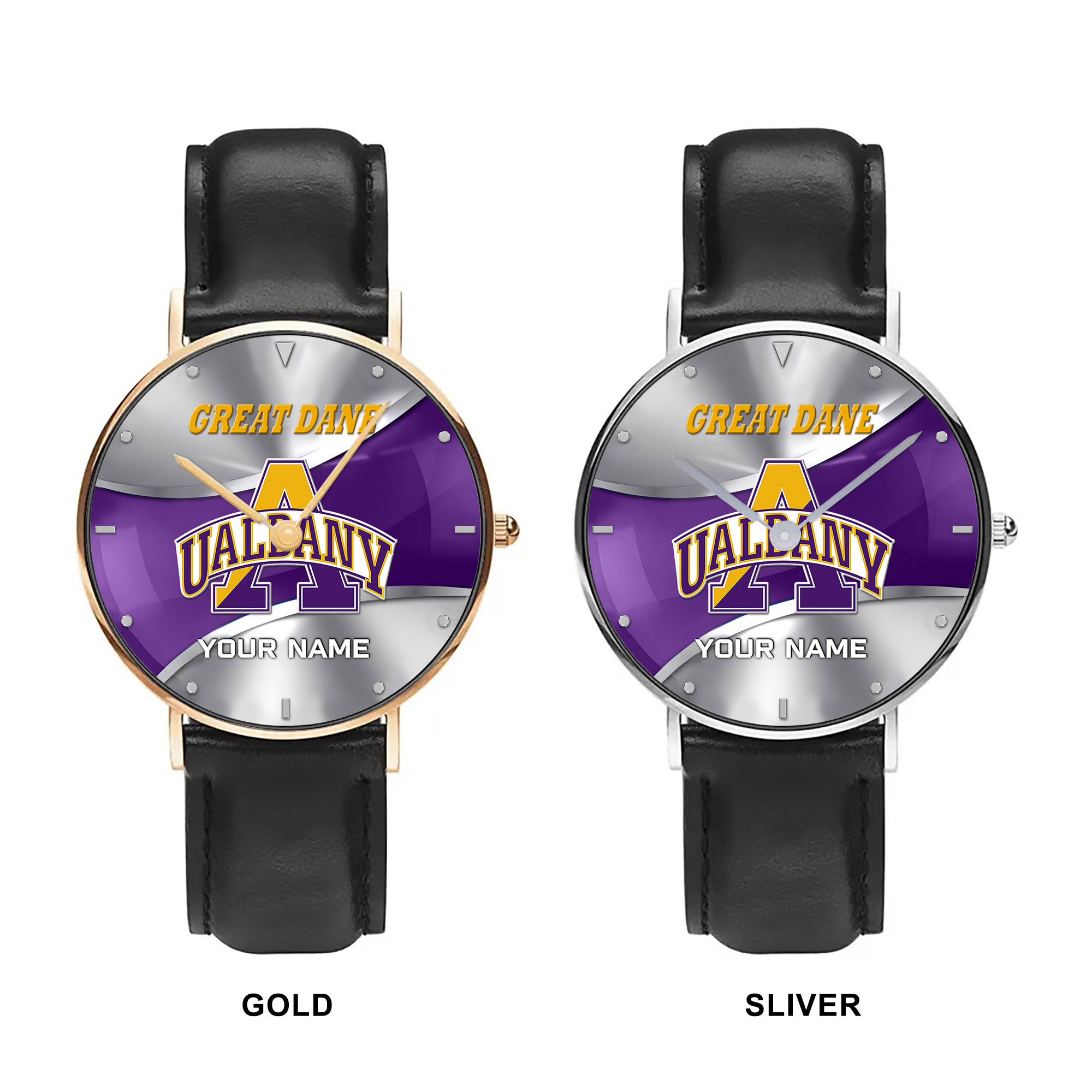 ZNCAA Albany Great Danes - Football Black Stitched Leather Watch - Custom Name