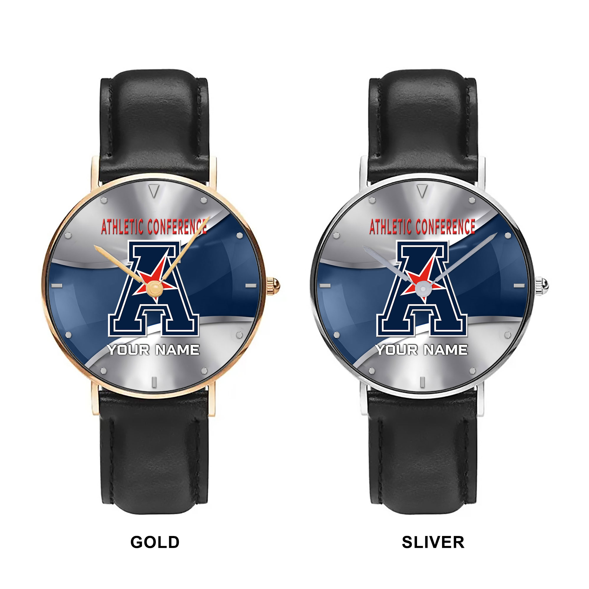 ZNCAA American Athletic Conference - Football Black Stitched Leather Watch - Custom Name